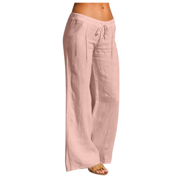 Women Linen Pants Straight Leg Elastic Rise Drawstring Loose Casual Trousers Beach Vacation Low Waist Pant