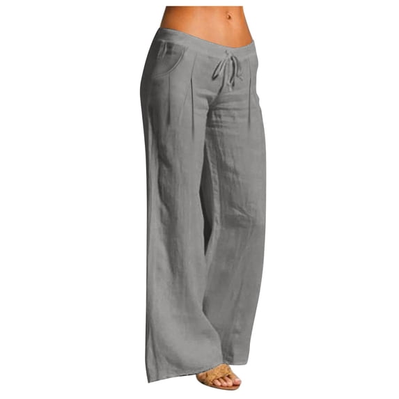 Women Linen Pants Straight Leg Elastic Rise Drawstring Loose Casual Trousers Beach Vacation Low Waist Pant