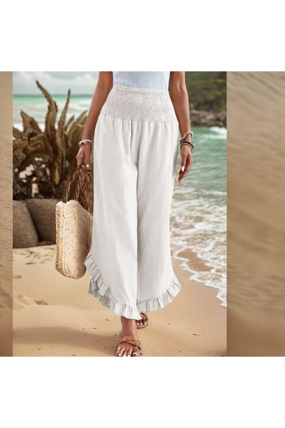 Women Linen Pants Streamlined Wide Leg Pants Smocked Waist Ruffle Hem Palazzo Pant Boho Flowy All-Match Beach Pant with Pocket 13-White XL