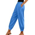 thumbnail image 1 of Women Linen Pants Summer Casual Gaucho Pants Drawstring Elastic Waist Wide Leg Slacks Loose Fitting Beach Attire Blue XL, 1 of 7