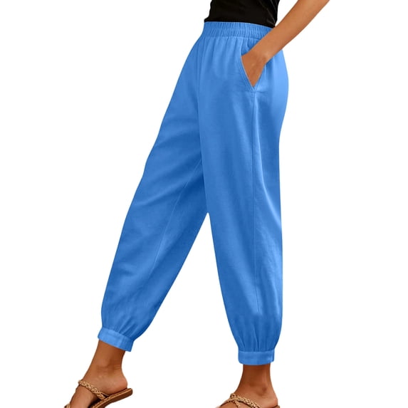 Women Linen Pants Summer Casual Gaucho Pants Drawstring Elastic Waist Wide Leg Slacks Loose Fitting Beach Attire Blue XL