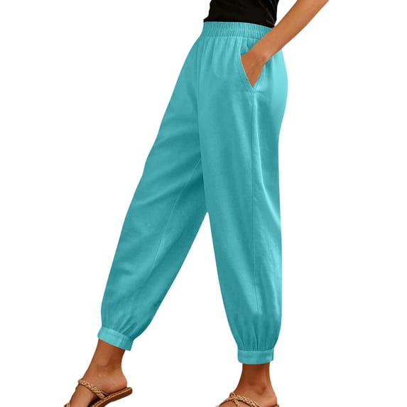 Women Linen Pants Summer Casual Gaucho Pants Drawstring Elastic Waist Wide Leg Slacks Loose Fitting Beach Attire Turquoise XXL