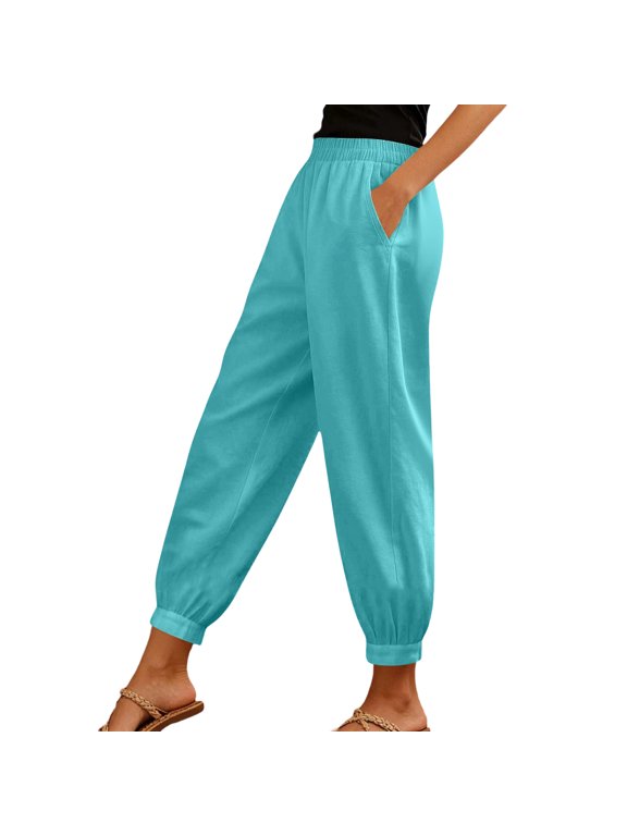 Women Linen Pants Summer Casual Gaucho Pants Drawstring Elastic Waist Wide Leg Slacks Loose Fitting Beach Attire Turquoise XXL