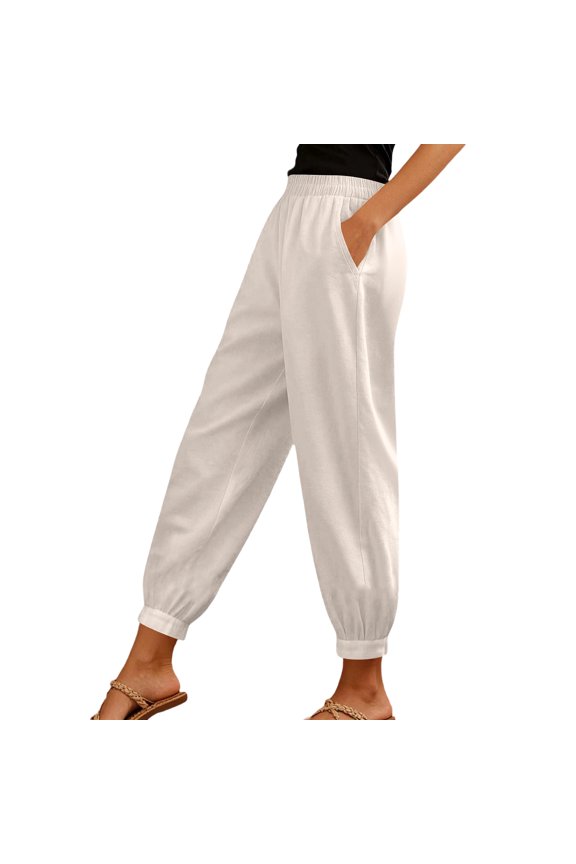 Women Linen Pants Summer Casual Gaucho Pants Drawstring Elastic Waist Wide Leg Slacks Loose Fitting Beach Attire White S