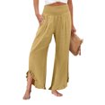 thumbnail image 1 of Women Linen Pants Summer Ruffle Wide Leg Palazzo Pants Dressy Smocked Waist Wide Leg Pant Boho Flowy Beach Pant Khaki L, 1 of 7