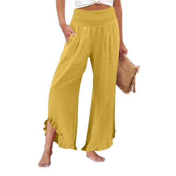 Women Linen Pants Summer Ruffle Wide Leg Palazzo Pants Dressy Smocked Waist Wide Leg Pant Boho Flowy Beach Pant Yellow 3XL