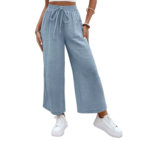 Women Linen Pants Summer Wide Leg Cropped Palazzo Pants Drawstring High Waisted Beach Lounge Trousers with Pockets,L