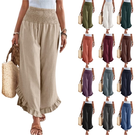 Women Linen Pants Summer Wide Leg Pants Smocked Waist Ruffle Hem Palazzo Pant Boho Flowy Beach Pant with Pocket