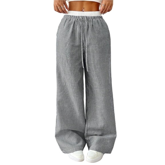 Women Linen Pants Wide Leg Casual Palazzo Pants Striped Drawstring Elastic Waisted Lounge Trousers with Pockets Black L
