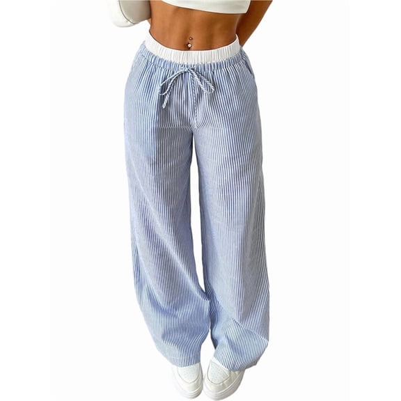 Women Linen Pants Wide Leg Casual Palazzo Pants Striped Drawstring Elastic Waisted Lounge Trousers with Pockets Blue S