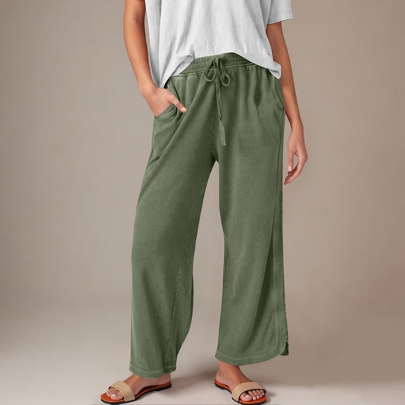 Women Linen Pants Women's Wide Leg Sweatpants, Loose Straight Ankle Length Pants, Drawstring Elastic Waist Soft Loungewear Trousers with Pockets Green L