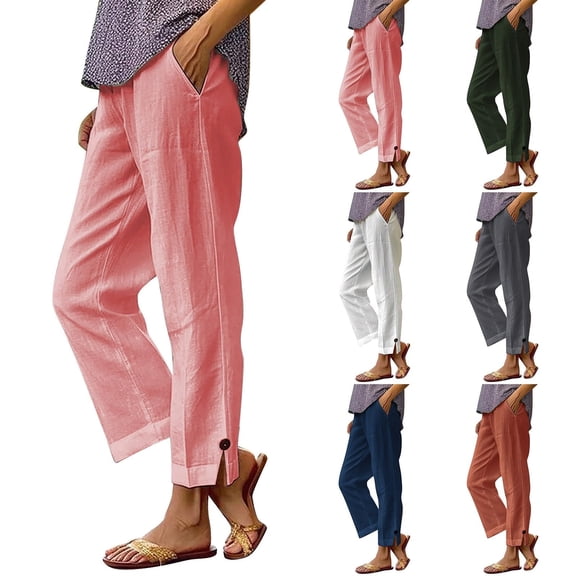 Women Linen Pants with Pockets Plus Size Elastic Waist Women's Casual Spring Summer Solid Color Straight Leg Trousers Orange XL