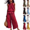 thumbnail image 1 of Women Linen Sets 2 Piece Outfits Boho Beach Travel Sets Sleeveless Ruffle Top Wide Leg Pants Lounge Matching Set,Hot Pink,XL, 1 of 7