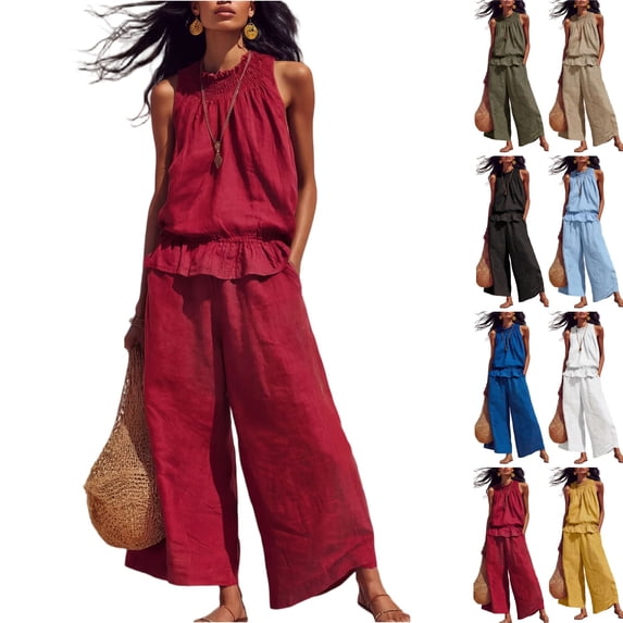 Women Linen Sets 2 Piece Outfits Boho Beach Travel Sets Sleeveless Ruffle Top Wide Leg Pants Lounge Matching Set,Hot Pink,XL