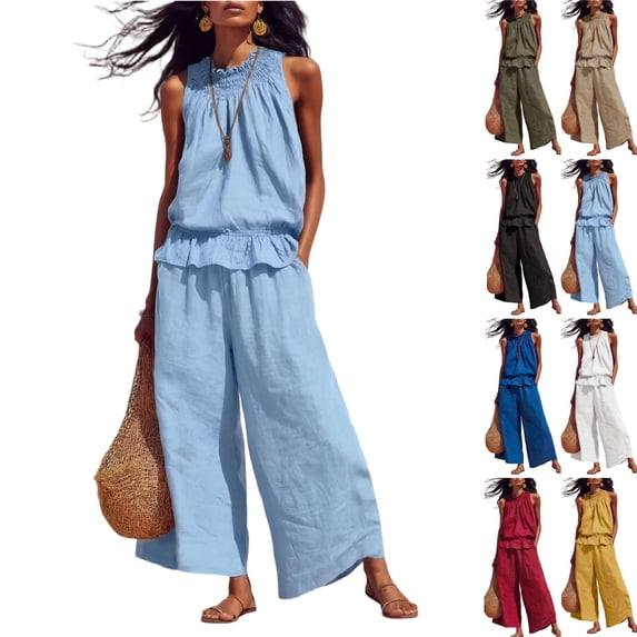Women Linen Sets 2 Piece Outfits Boho Beach Travel Sets Sleeveless Ruffle Top Wide Leg Pants Lounge Matching Set,Sky Blue,M