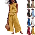 thumbnail image 1 of Women Linen Sets 2 Piece Outfits Boho Beach Travel Sets Sleeveless Ruffle Top Wide Leg Pants Lounge Matching Set,Yellow,XL, 1 of 7