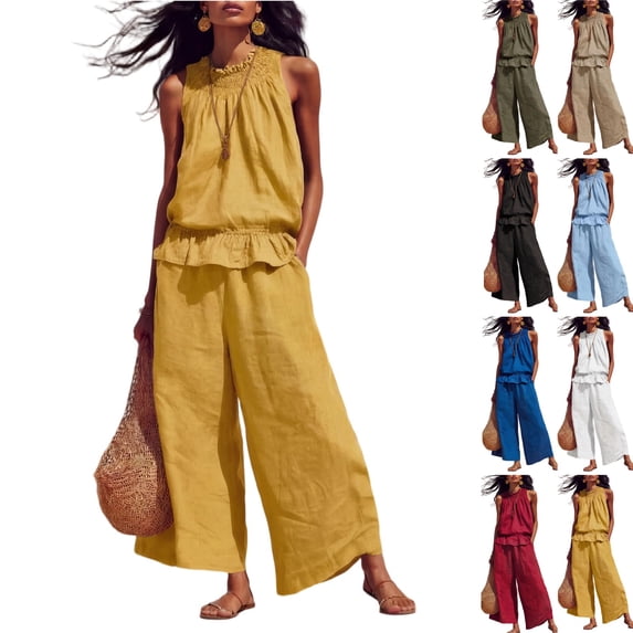 Women Linen Sets 2 Piece Outfits Boho Beach Travel Sets Sleeveless Ruffle Top Wide Leg Pants Lounge Matching Set,Yellow,XL