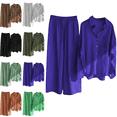 thumbnail image 1 of Women Linen Sets 2 Piece Outfits Lapel Long Sleeve Button Down Soild Color Tops Drawstring Elastic Waist Wide Legs Pants 2025 Fall Winter Lounge Homewear Suits, 1 of 9