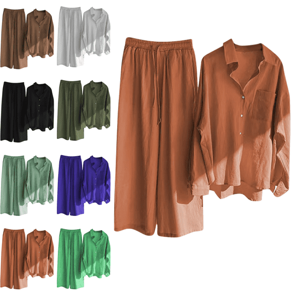 Women Linen Sets 2 Piece Outfits Lapel Long Sleeve Button Down Soild Color Tops Drawstring Elastic Waist Wide Legs Pants 2025 Fall Winter Lounge Homewear Suits
