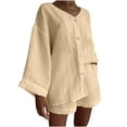 thumbnail image 1 of Women Linen Sets 2 Piece Outfits Long Sleeve Button Shirts Matching Sets Summer Short Pants Leisure Outfits, 1 of 6