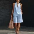 thumbnail image 1 of Women Linen Sets 2 Piece Outfits, Minimalist Halter Neck Top and High Waisted Wide Leg Short Pants Travel Matching Set, 1 of 6