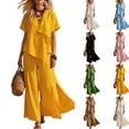thumbnail image 1 of Women Linen Sets 2 Piece Outfits Short Sleeve Asymmetrical Shirt Split Wide Leg Pants 2026 Summer Trendy Boho Pant Suits,Yellow L, 1 of 8
