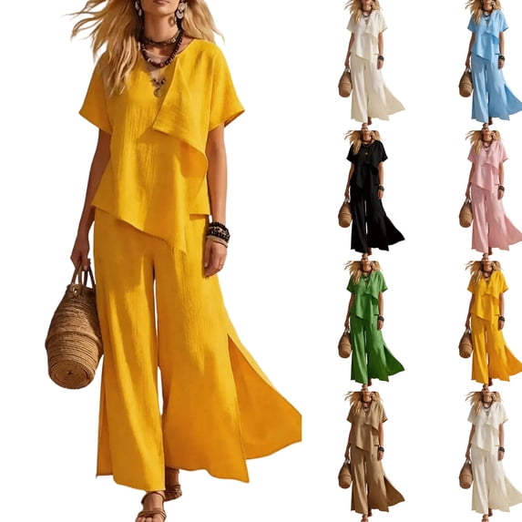 Women Linen Sets 2 Piece Outfits Short Sleeve Asymmetrical Shirt Split Wide Leg Pants 2026 Summer Trendy Boho Pant Suits,Yellow L