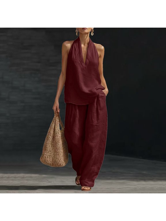 Women Linen Sets 2 Piece Outfits Summer Sleeveless Tops Match Wide Leg Pants Cotton Linen Casual Two Piece Sets