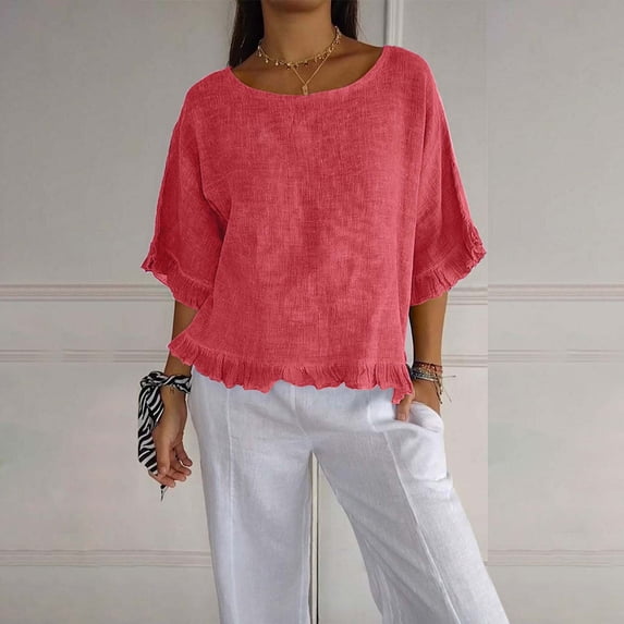 Women Linen Shirt Beach Vacation Tshirts Womens Summer Tops Gauze Shirts For Women 3/4 Sleeve V Neck Shirts Cotton Boho Tops Gauze Tunic Tops For Women Womens Gauze Tops Watermelon Red 2XL