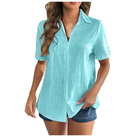 Women Linen Shirt Casual Short Sleeve V Neck Blouse Button Down Top Summer Beach Comfortable Lightweight Breathable Stylish Tunic