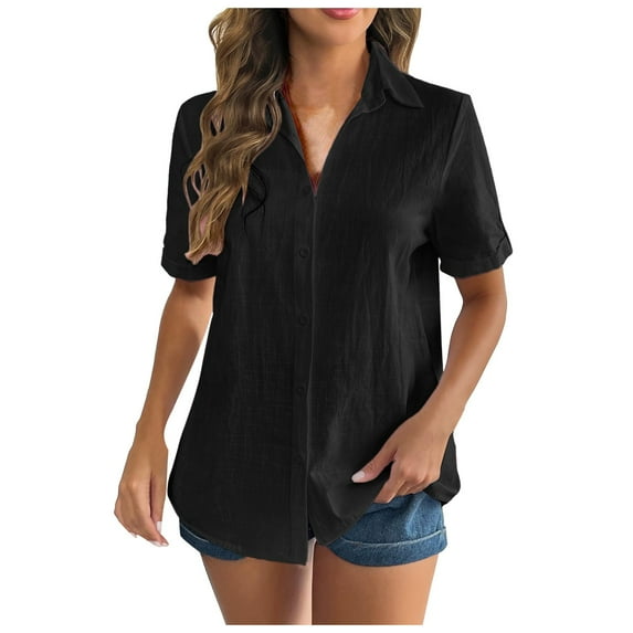 Women Linen Shirt Casual Short Sleeve V Neck Blouse Button Down Top Summer Beach Comfortable Lightweight Breathable Stylish Tunic