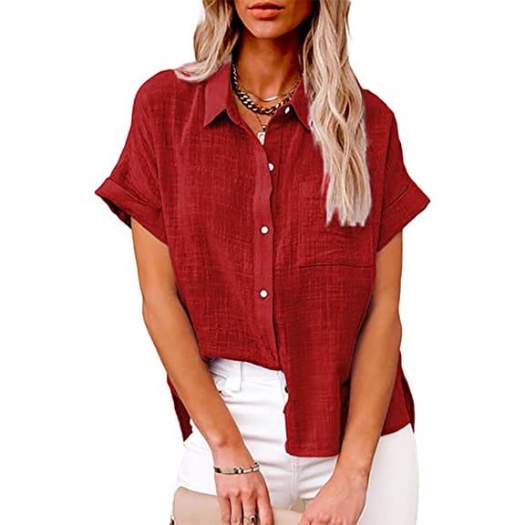 Women Linen Shirts Casual Summer Loose Collared Shirt Casual Work Tops