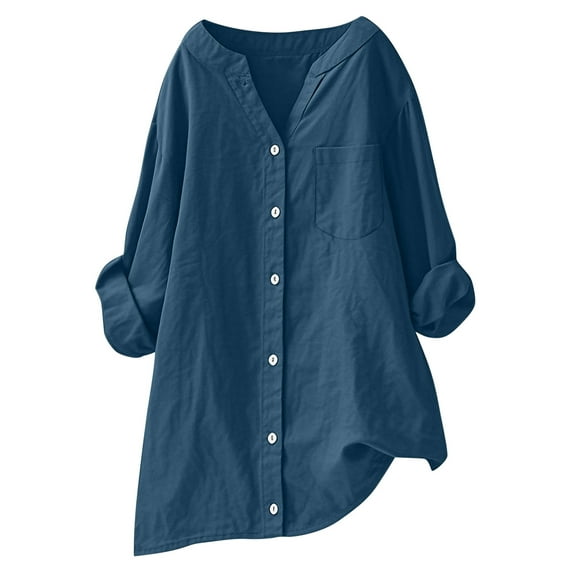 Women Linen Shirts Solid Color V Neck 3/4 Sleeve Turndown Collar Button Down Blouses Fall Winter Casual Loose Tees Cotton Linen Shirt Comfortable Elegant Tunic Tops Size S-XXL