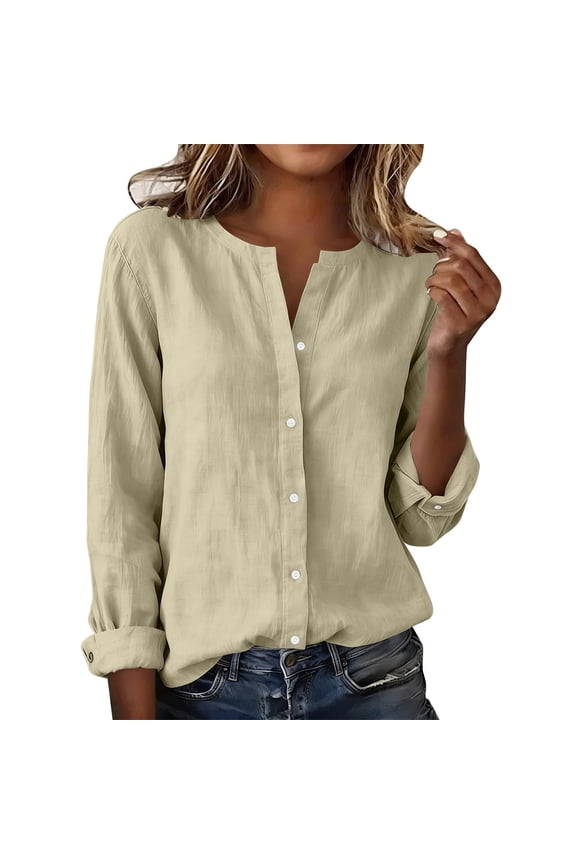 Women Linen Shirts Summer Lightweight Comfy Casual Loose Clothes Button Down Long Sleeve Tunic Blouse (XL, Beige)