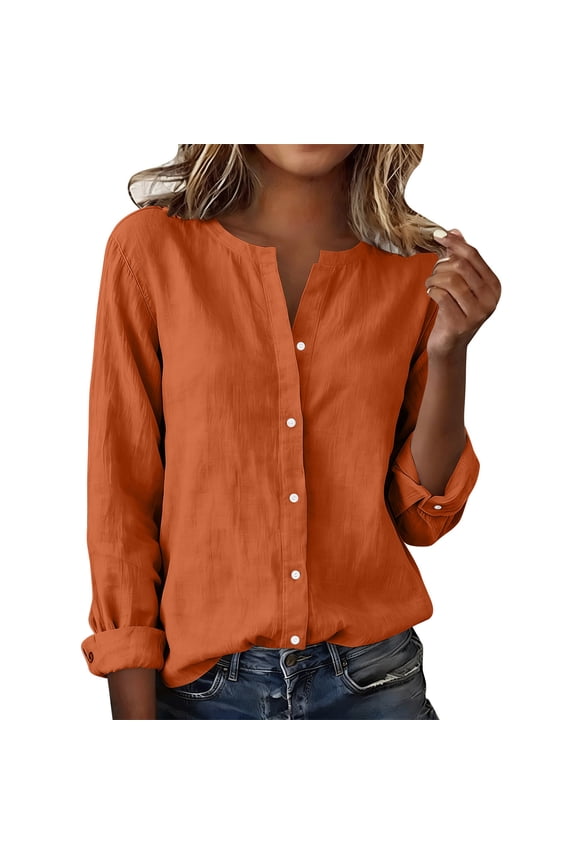 Women Linen Shirts Summer Lightweight Comfy Casual Loose Clothes Button Down Long Sleeve Tunic Blouse (XL, Orange)