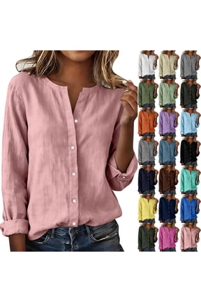 Women Linen Shirts Summer Lightweight Comfy Casual Loose Clothes Button Down Long Sleeve Tunic Blouse (XXL, Pink)