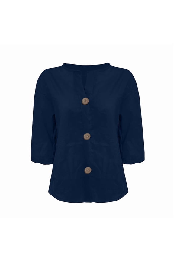 Women Linen Shirts V Neck 3/4 Sleeve Tops Loose Vacation Beach Solid Blouses Tunic Tops Navy Blue M