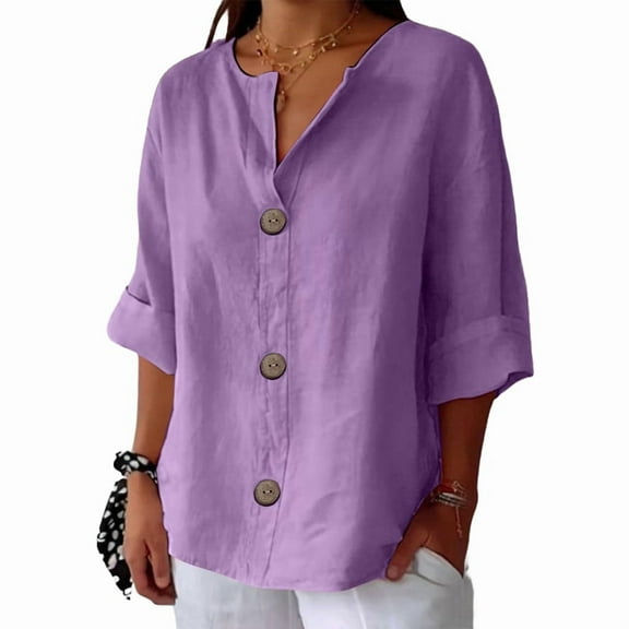 Women Linen Shirts V Neck 3/4 Sleeve Tops Loose Vacation Beach Solid Blouses Tunic Tops XXXL