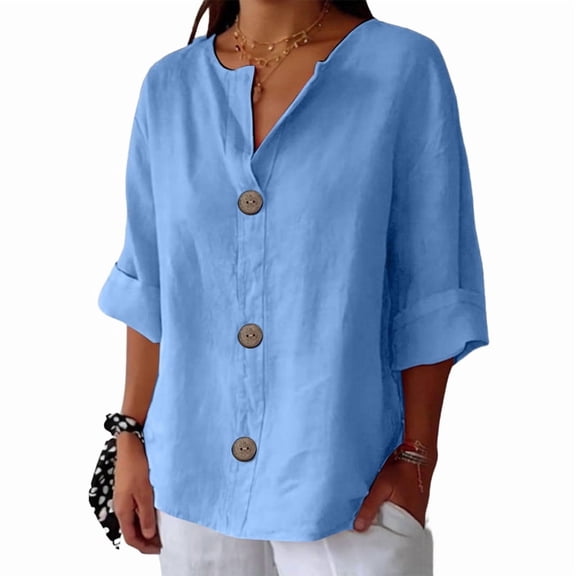Women Linen Shirts V Neck 3/4 Sleeve Tops Loose Vacation Beach Solid Blouses Tunic Tops Sky Blue L