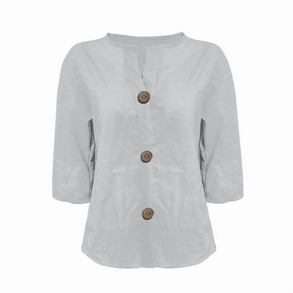 Women Linen Shirts V Neck 3/4 Sleeve Tops Loose Vacation Beach Solid Blouses Tunic Tops White L