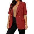 thumbnail image 1 of Women Linen Short Sleeve Blazer Notched Lapel Buttons Front Loose Lightweight Office Business Casual Jackets Wine M, 1 of 7