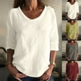 thumbnail image 1 of Women Linen Short Sleeve Shirts, Women Tops Fashion Summer Casual Solid Textured Half-Sleeve Round Neck Blouse Womens Tops Dressy, Size M-3XL, 1 of 6
