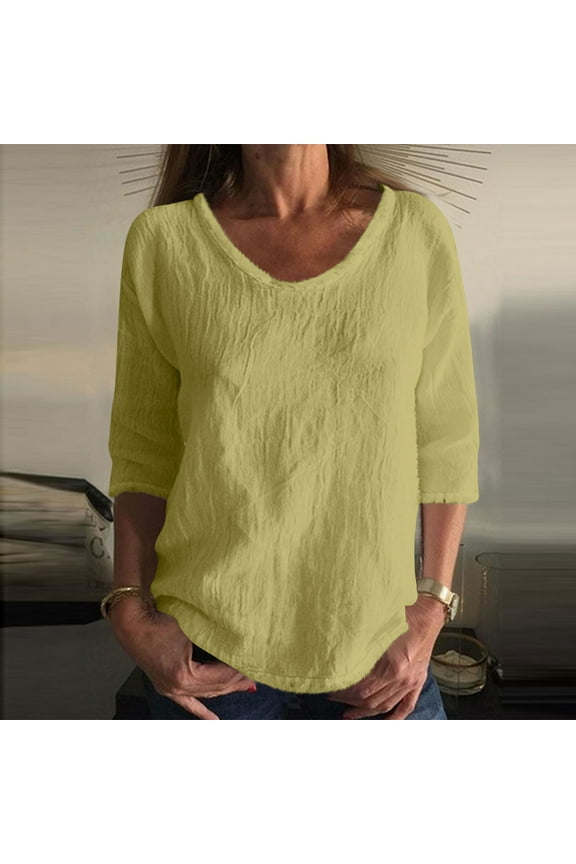 Women Linen Short Sleeve Shirts, Women Tops Fashion Summer Casual Solid Textured Half-Sleeve Round Neck Blouse Womens Tops Dressy, Size M-3XL