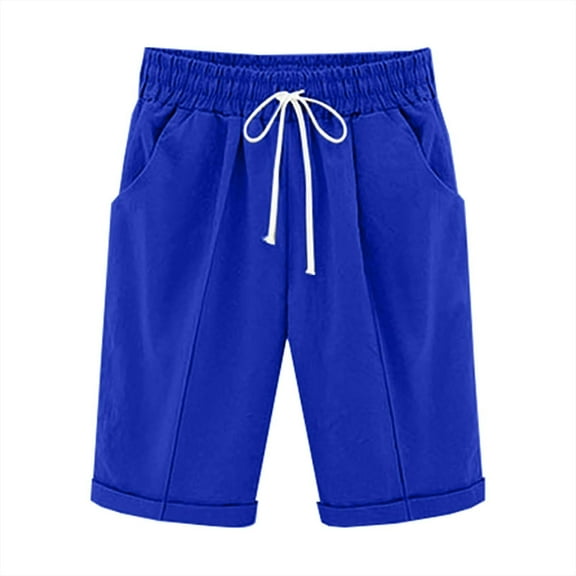Women Linen Shorts, High Waisted Lightweight Casual Summer Drawstring Beach Vacation Bermuda Shorts with Pockets Blue Blue XL