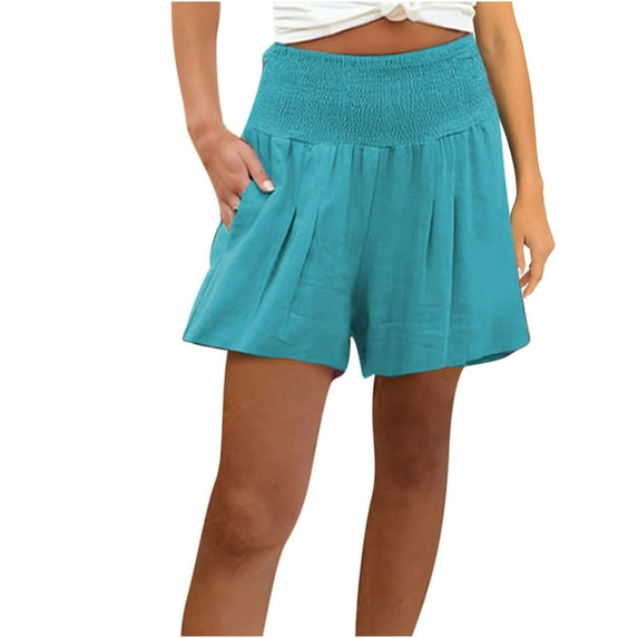 Women Linen Shorts Plus Size Smocked High Waist Pleated Wide Leg Shorts Beach Lounge Wear Casual Pants Pockets