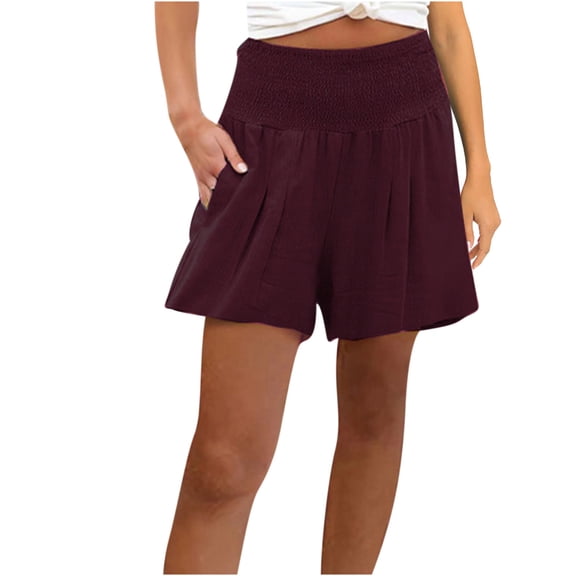 Women Linen Shorts Plus Size Smocked High Waist Pleated Wide Leg Shorts Beach Lounge Wear Casual Pants Pockets