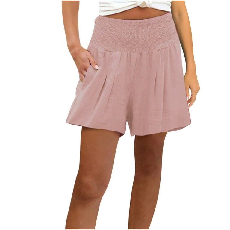 Women Linen Shorts Plus Size Smocked High Waist Pleated Wide Leg