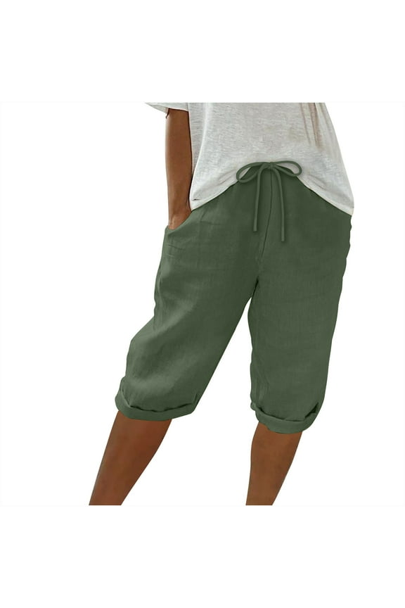 Women Linen Shorts Summer Knee Length Shorts High Waisted Bermuda Shorts Beach Capris Sweat Lounge Shorts with Pocket