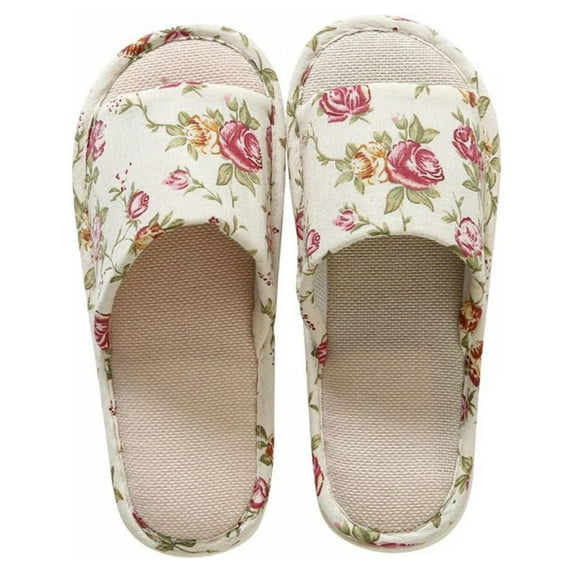 Women Linen Slippers,Floral Stripe Casual Japanese Style Cotton Flax Slipper Household Use Indoor Outdoor Anti-Slip Sole