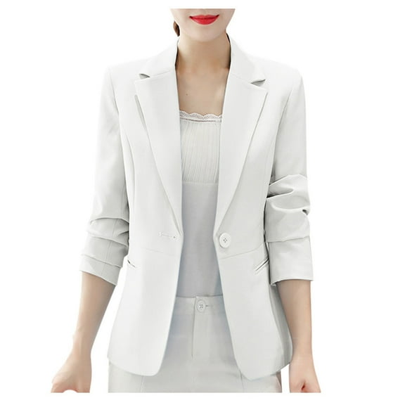 Women Linen Suit Jacket Fashion Solid Color Open Front Button Notch Collar Long Sleeve Business Casual Blazer Tops White Medium